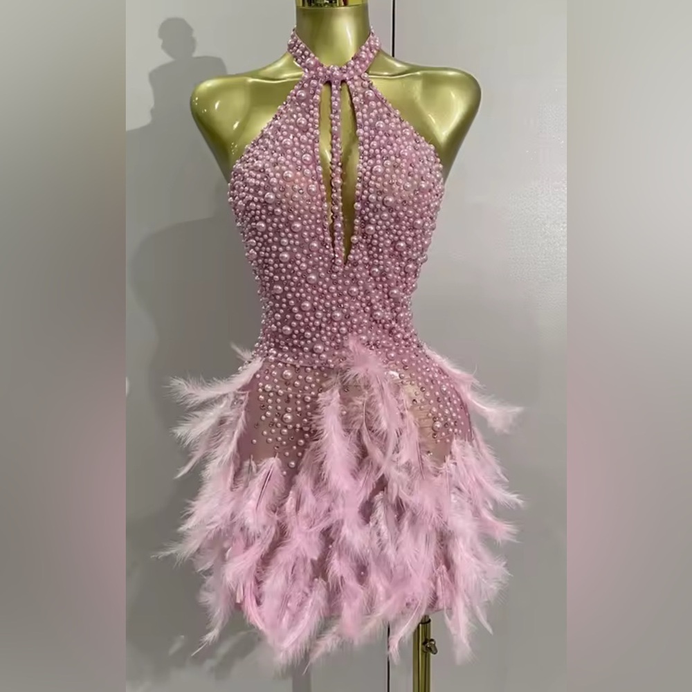 Backless Pink Feather & Pearl Halter Dress